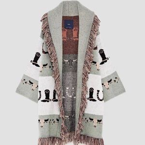 Zara Jacquard Knit Cowboy Boot Fringe Coat